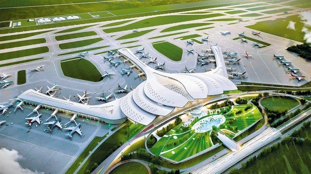 Architectural rendering of the new Long Thanh International Airport terminal and runways