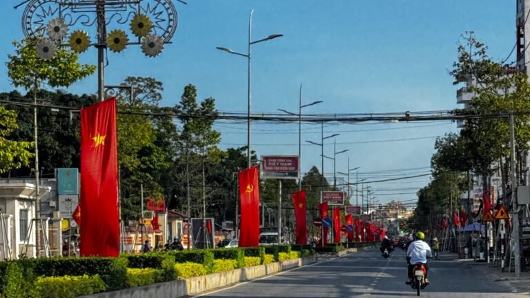 Street lined with tall red Vietnamese flags and lampposts, with a motorbike passing beneath