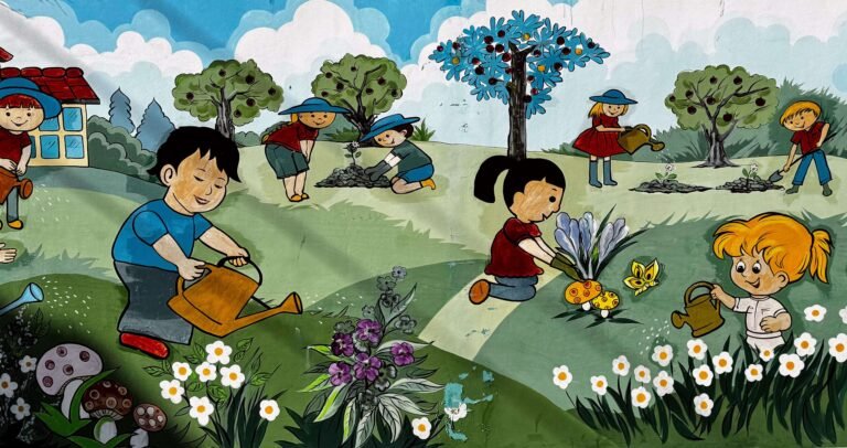 Painted mural of children gardening on a kindergarten wall in Southeast Asia
