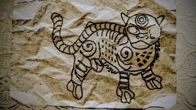 Folk-art style tiger illustration on aged, textured paper