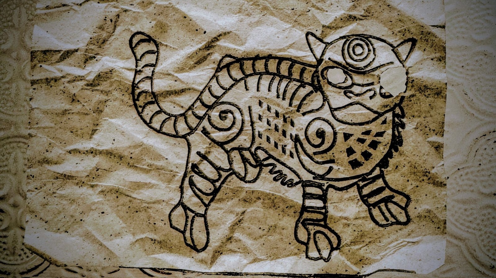 Folk-art style tiger illustration on aged, textured paper