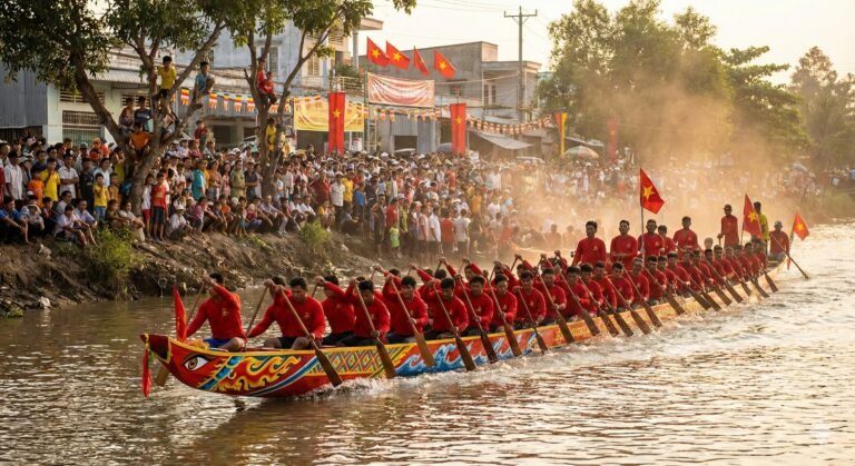 Ngo boat racing team rowing past crowds at the Ok Om Bok festival in Soc Trang