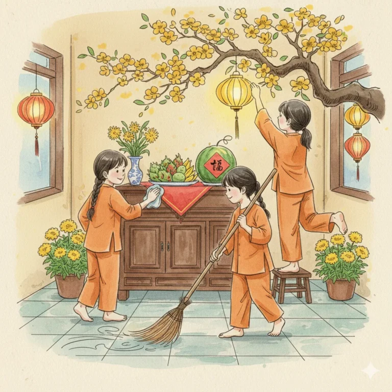 Illustration of children cleaning the house and hanging lanterns to prepare for Tet