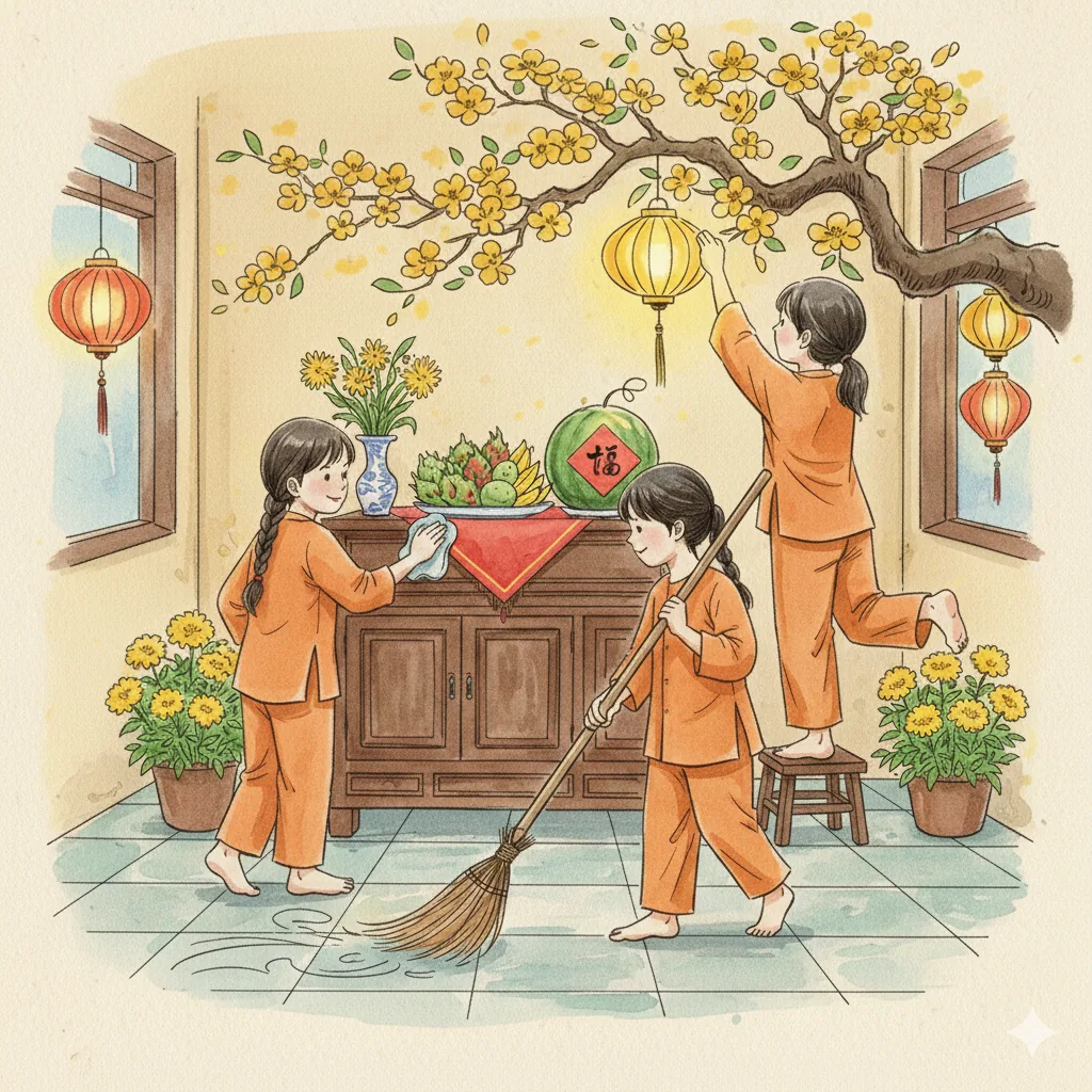 Illustration of children cleaning the house and hanging lanterns to prepare for Tet