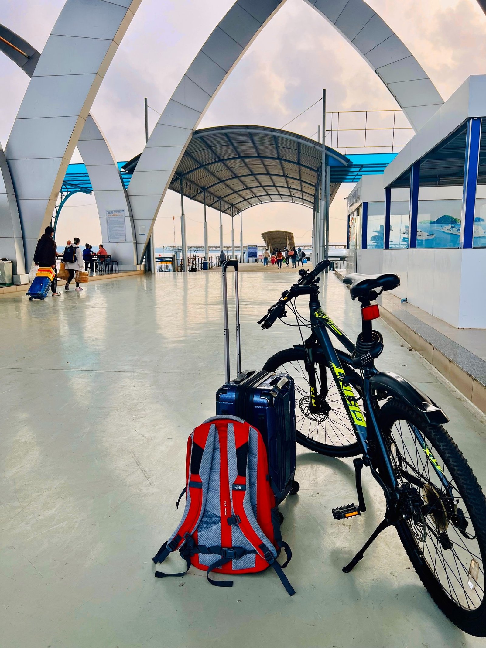 Mountain bike and luggage at Tran De ferry terminal, Soc Trang