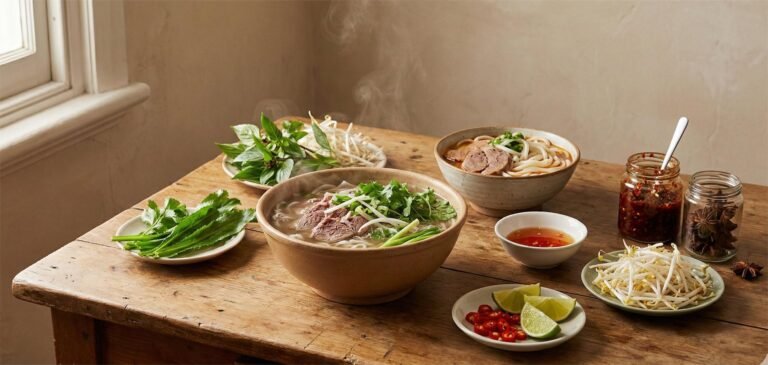 Two bowls of steaming pho with fresh herbs, lime, and chili on a wooden table