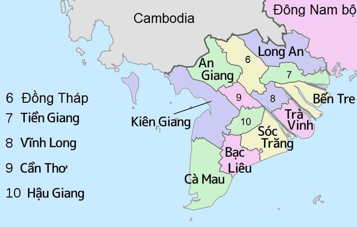 Map of the Mekong Delta's provinces, including Soc Trang, Can Tho, and Ca Mau