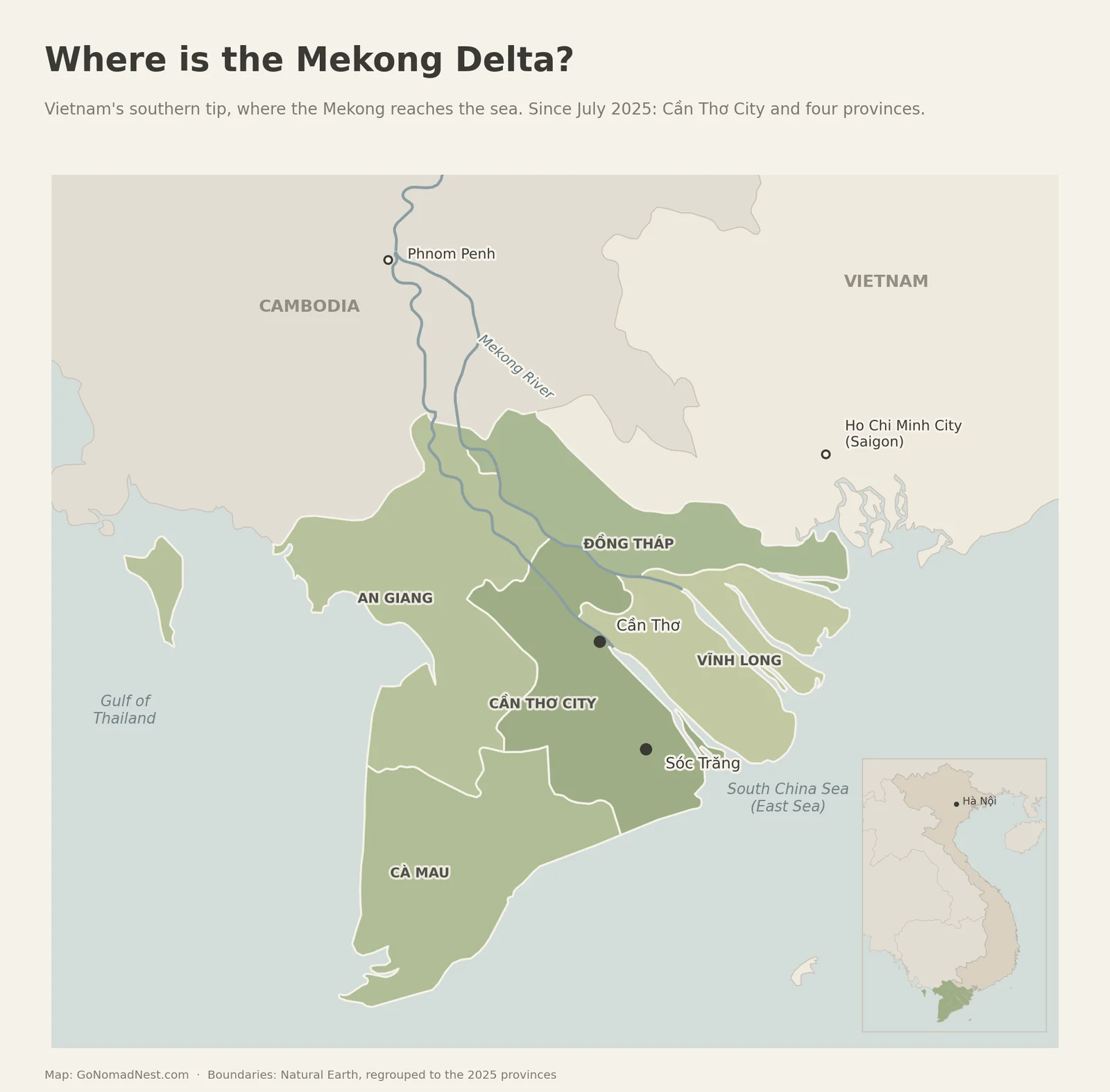 Map of the Mekong Delta in southern Vietnam showing Cần Thơ City, An Giang, Đồng Tháp, Vĩnh Long and Cà Mau, with Ho Chi Minh City and Phnom Penh marked