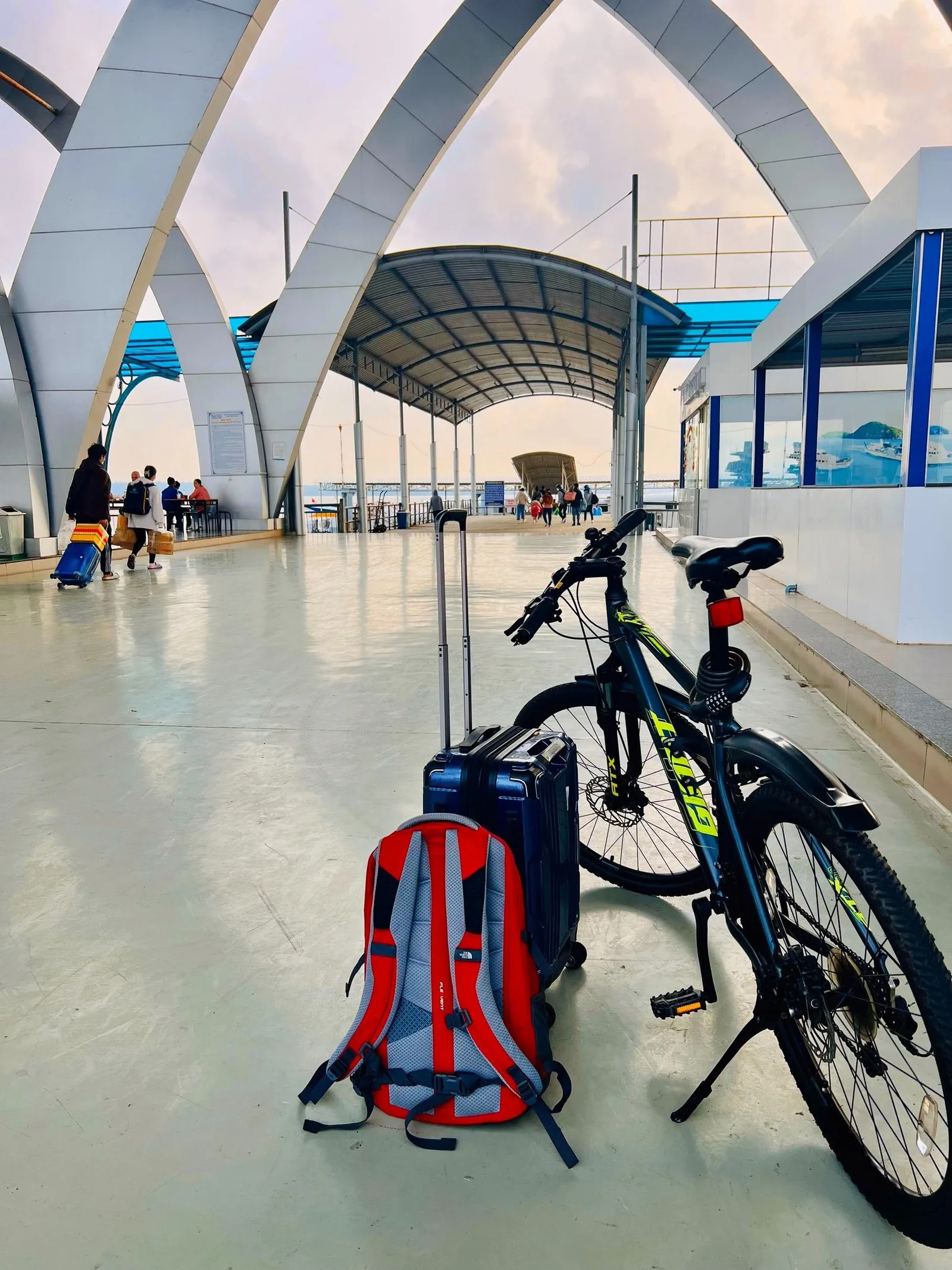 Mountain bike and luggage at Tran De ferry terminal, Soc Trang