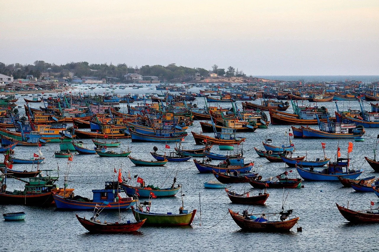 Hundreds of teal and blue wooden fishing boats anchored in the Mui Ne fishing village harbor during 